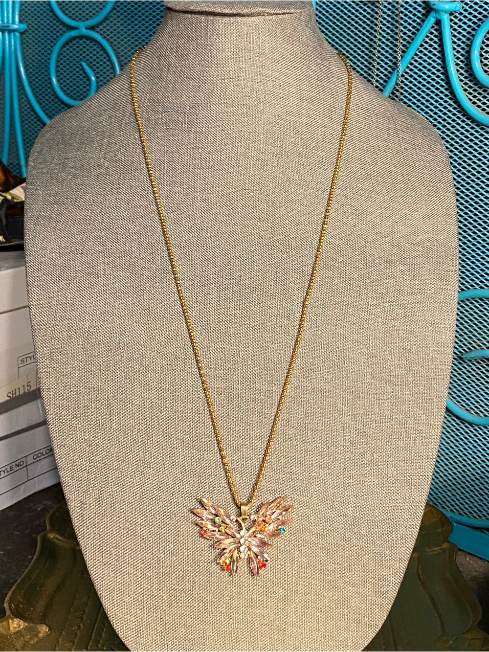 NWT Betsey Johnson Butterfly necklace gold,silver w/colored crystals,gold chain